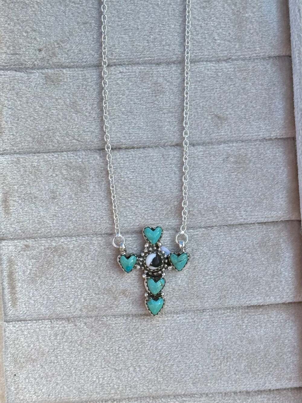 Handmade Sterling Silver Kingman Turquoise and White Buffalo Cross Necklace